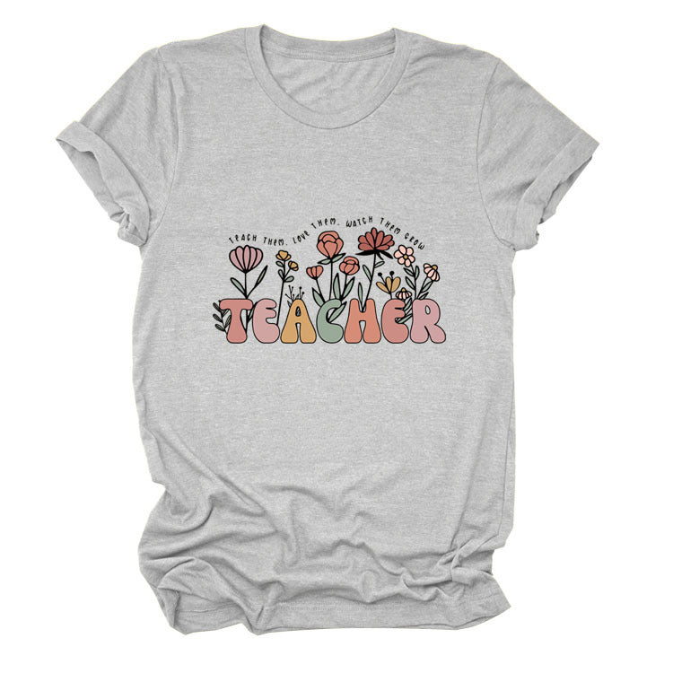 TEACHER Floral Women's Round Neck Short Sleeve Tee