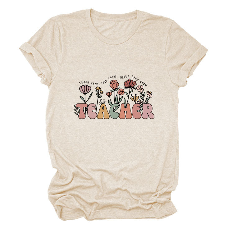 TEACHER Floral Women's Round Neck Short Sleeve Tee