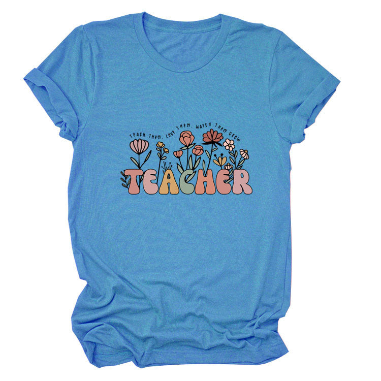 TEACHER Floral Women's Round Neck Short Sleeve Tee