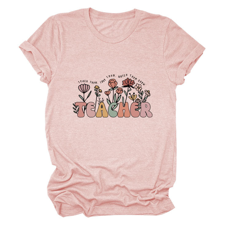 TEACHER Floral Women's Round Neck Short Sleeve Tee
