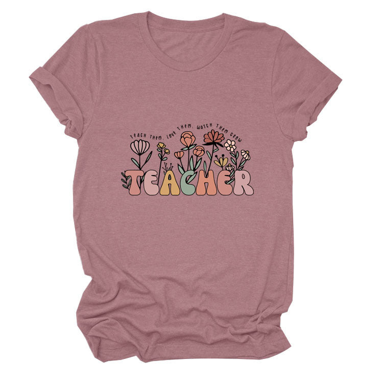 TEACHER Floral Women's Round Neck Short Sleeve Tee