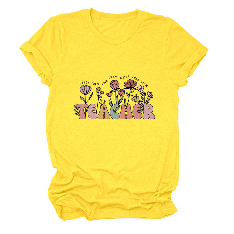 TEACHER Floral Women's Round Neck Short Sleeve Tee