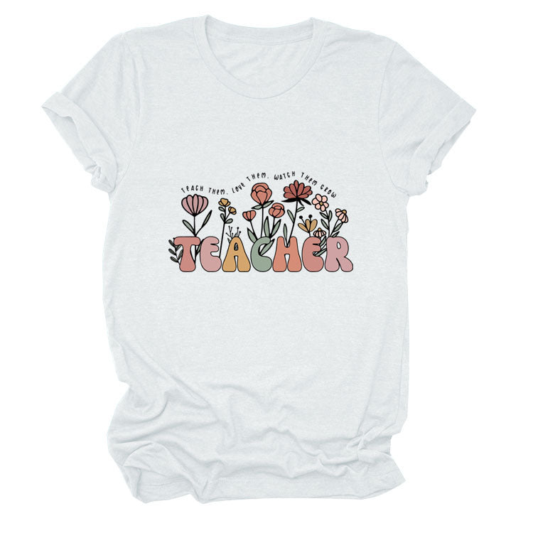 TEACHER Floral Women's Round Neck Short Sleeve Tee