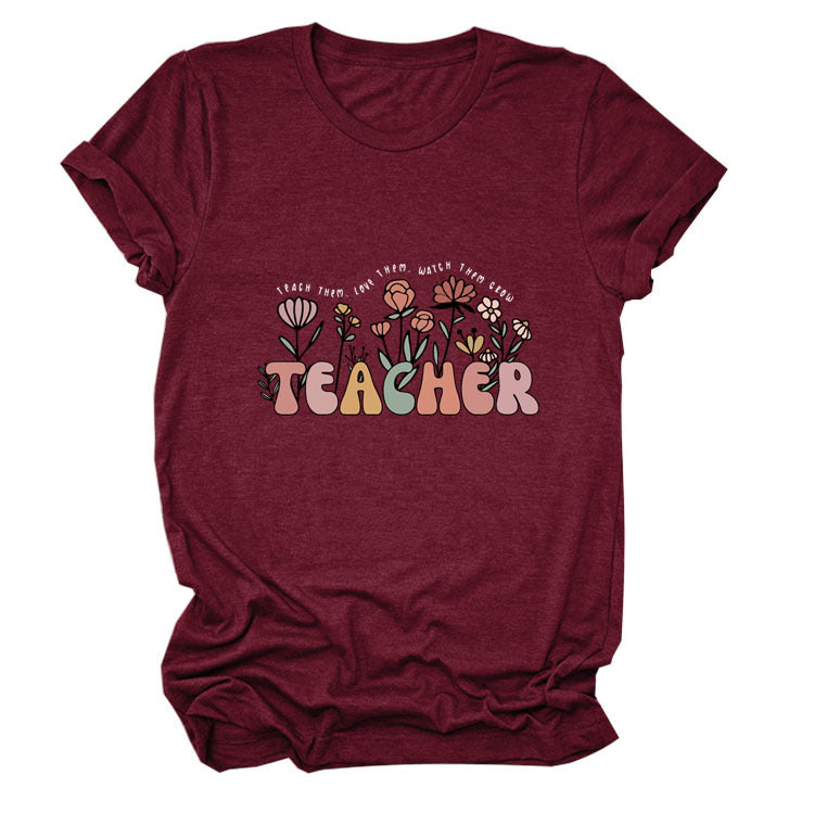 TEACHER Floral Women's Round Neck Short Sleeve Tee