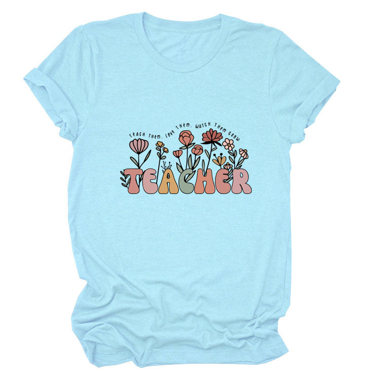 TEACHER Floral Women's Round Neck Short Sleeve Tee