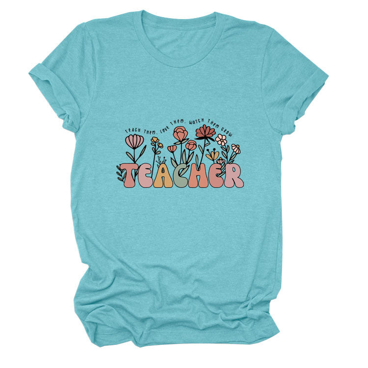 TEACHER Floral Women's Round Neck Short Sleeve Tee