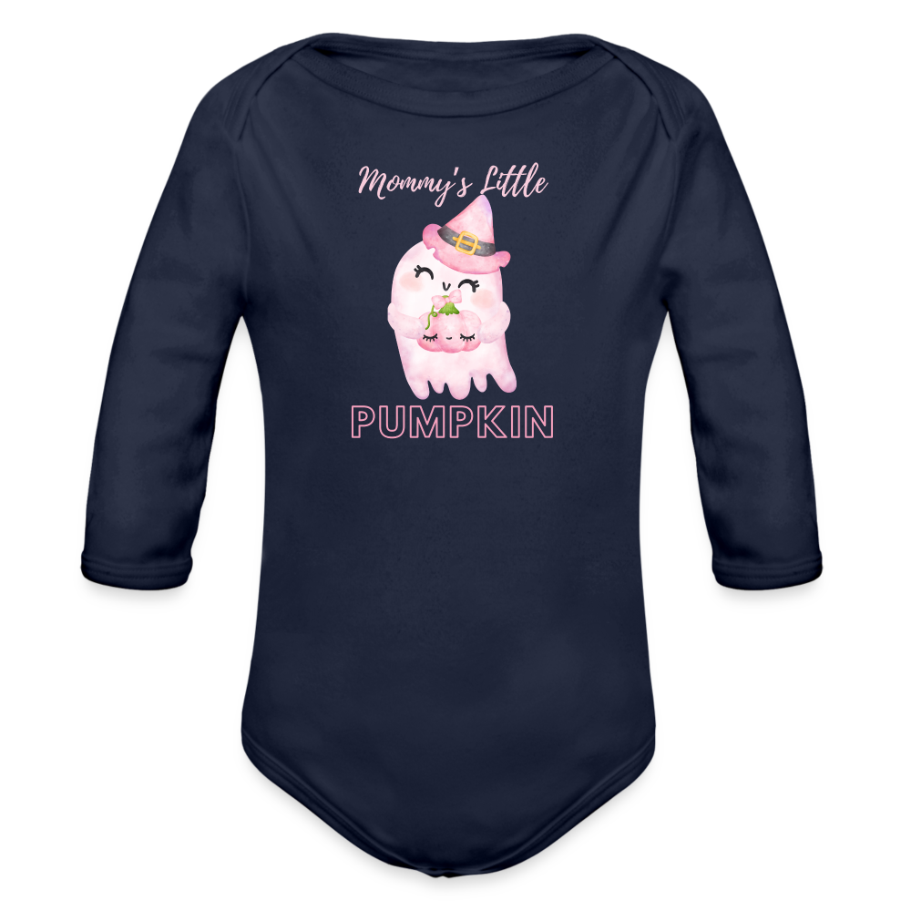 Mommy's Pink Pumpkin Organic Long Sleeve Baby Bodysuit - dark navy
