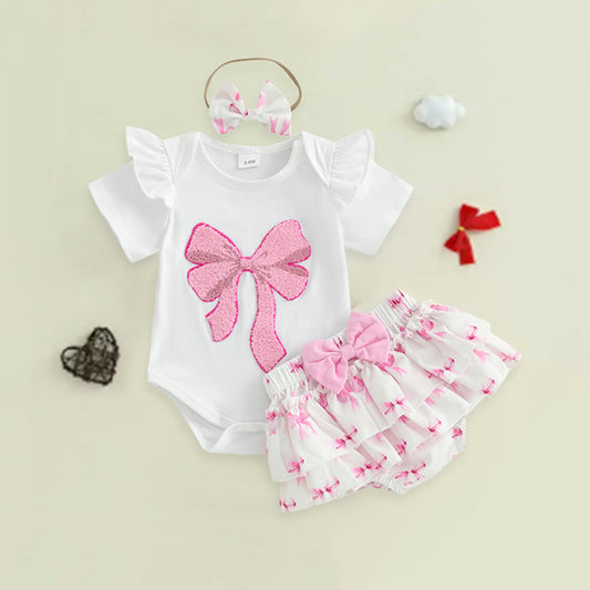Pink Bow Romper Set For Girls