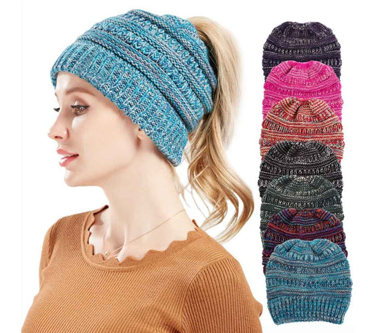 Multi-Color Knitted Hat Ladies Ponytail Style