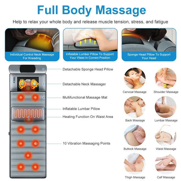 Full Body Electric Massage Mat With Heat Vibration Massage Pad Cushion Back Massage Mattress Chair Pad With Neck Massager Lumbar Pillow With 10 Vibration Motors 3 Timers GPCT5284