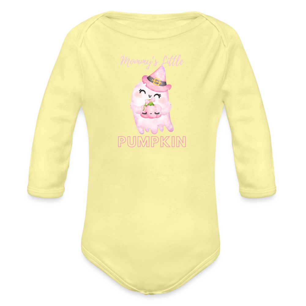 Mommy's Pink Pumpkin Organic Long Sleeve Baby Bodysuit - washed yellow