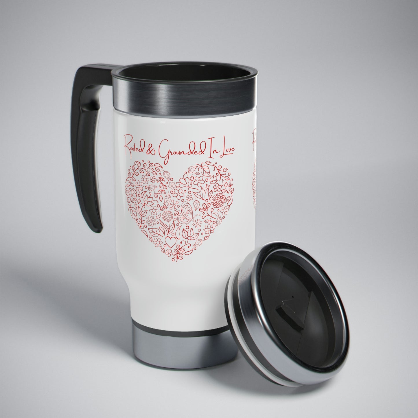 “Rooted & Grounded In Love” Stainless Steel Travel Mug with Handle, 14oz